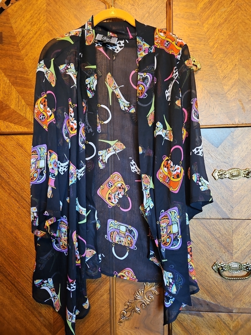 Vintage Size M Sheer Black Kimono Shirt with Colorful Handbag & Shoe Print